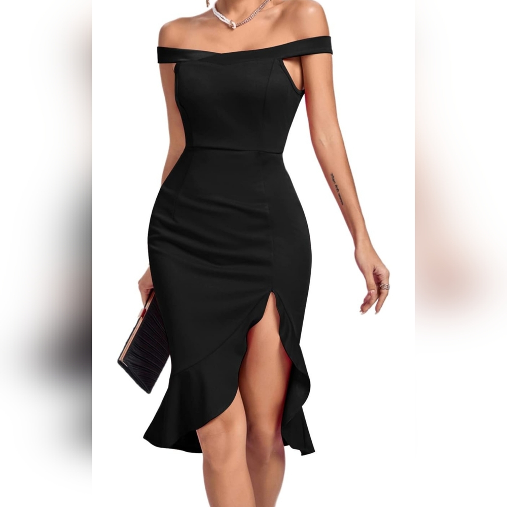 Off shoulder black slit dress